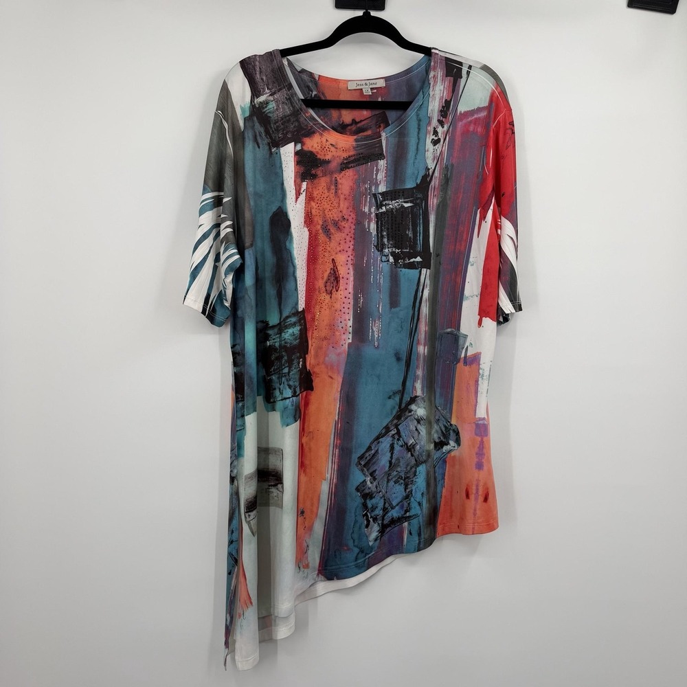 Jess & Jane Tunic Top Womens 1X Multicolor Round Neck Smooth Jersey Rhinestone